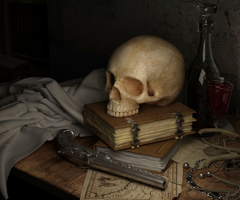 Schädel, braun, Buch, dunkel, Karte, Gewehr, Stillleben, menschliches Skelett, menschlicher Knochen, menschlicher Schädel, gruslig, menschliches Körperteil, Grusel, Knochen, Anatomie, Angst, Halloween, drinnen, keine Leute, Entspannung, ein Tier, Möbel, Tabelle, Tierthemen, Tier, Säugetier, Haustiere, Wohnraum, inländisch, 4K