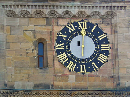 Clock Tower, Tower, Clock, Clock Face, clock, time indicating, hour, architecture, building, pointer, golden, church clock, historically, bamberg, movement, time of, lunch, point 12, noon, roman numerals, sand stone, masonry, time, minute hand, hour hand, built structure, wall - building feature, roman, number, building exterior, roman numeral, no people, instrument of time, wall clock, circle, geometric shape, day, history, shape, stone wall, 2K, CC0, public domain, royalty free
