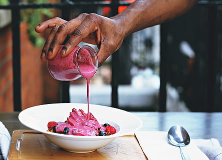 berry dessert, Berry, dessert, berries, blueberries, blueberry, dish, hand, plate, pouring, raspberries, raspberry, restaurant, sweet, food, fruit, human Hand, close-up, people, freshness, food And Drink, gourmet, table, healthy Eating, indoors, unrecognizable Person, one Person, adult, slice, frozen food, human body part, sweet food, kitchen utensil, real people, focus on foreground, eating utensil, spoon, holding, refreshment, indulgence, glass, temptation, cocktail, 4K