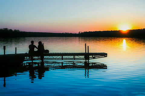 silhouette, two, people, sitting, docks, body, water, sunset, dusk, lake, dock, pier, couple, lovers, scenic, hdr, forest, trees, woods, lakeside, beautiful, country, countryside, rural, summer, sky, clouds, colorful, reflection, tranquility, leisure activity, nature, outdoors, two people, beauty in nature, togetherness, men, tranquil scene, scenics - nature, adult, lifestyles, women, couple - relationship, positive emotion, contemplation, 1080P, CC0, public domain, royalty free