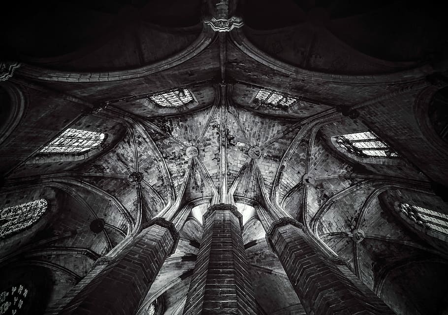 fotografia en escala de grisos, temple, escala de grisos, foto, arquitectura, Església, catedral, estil gòtic, lloc famós, religió, arquitectura i edificis, a l'interior, espiritualitat, cap gent, primer pla, dia, a l'aire lliure, cel, vista d’angle baix, estructura construïda, història, el passat, destinacions de viatge, lloc de culte, creença, art i artesania, viatjar, turisme, sostre, directament a sota, columna arquitectònica, ornamentat, talla, 4K