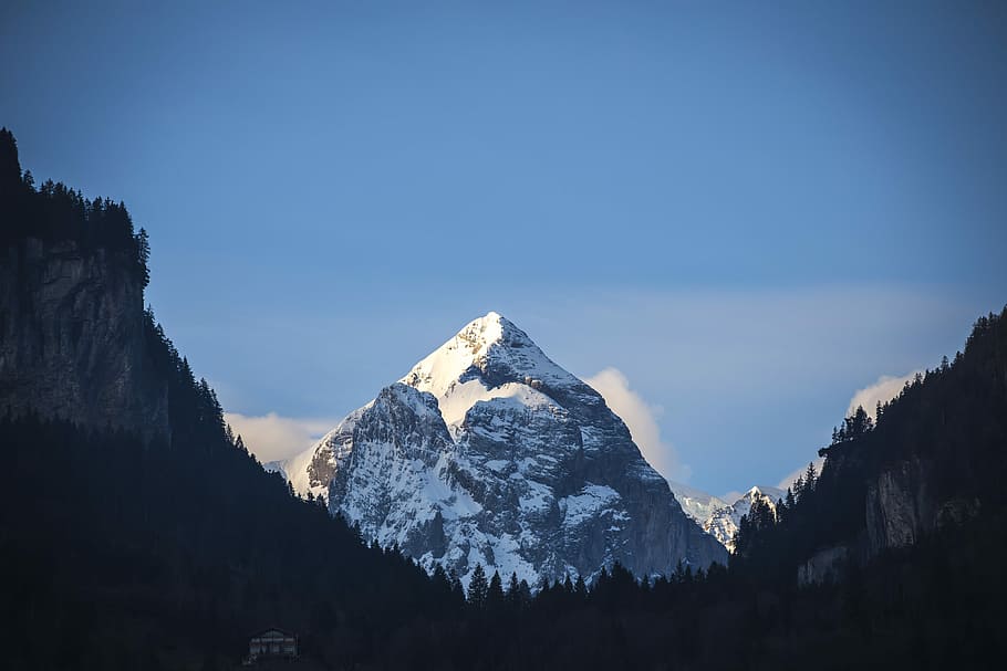 bjerg, dækket, sne, omgivet, træer, mountain cape, spids, topmøde, Sky, scenics - natur, himmel, skønhed i naturen, rolig scene, ro, vinter, bjergkæde, miljø, natur, kold temperatur, ikke-urbane scene, landskab, blå, træ, ingen mennesker, idyllisk, plante, bjergtop, udendørs, snedækket bjerg, formation, 5K