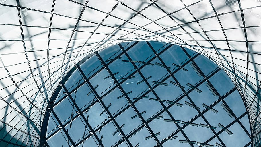 worm, eye view, building, interior, buildings, structure, architecture, design, lines, glass, window, glass - Material, modern, blue, steel, reflection, built Structure, office Building, geometric Shape, ceiling, construction Industry, pattern, shape, no people, building exterior, low angle view, full frame, backgrounds, day, sky, skylight, office building exterior, abstract, alloy, 1080P