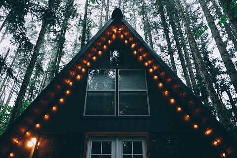 house, string lights, photo, orange, light house decor, turned on, outdoor, lights, closed, windows, light, tree, window, forest, winter, snow, outdoors, nature, christmas, triangle shape, architecture, built structure, low angle view, plant, building exterior, illuminated, no people, building, lighting equipment, day, shape, celebration, decoration, 4K, CC0, public domain, royalty free