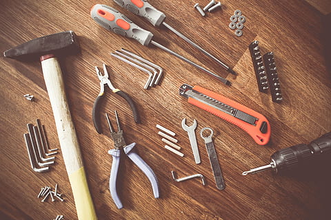 assorted, handheld, tools, wooden, parquet, construct, craft, repair, equipment, create, construction, build, creative, succeed, hammer, work Tool, repairing, construction Industry, screwdriver, wood - Material, carpentry, screw, home Improvement, workshop, wrench, carpenter, table, still life, metal, tool, hand tool, indoors, high angle view, choice, directly above, no people, variation, man made, man made object, group of objects, large group of objects, art and craft, 5K, CC0, public domain, royalty free