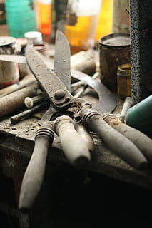 shear, former, old, tools, flea market, rustic, metal, no people, industry, close-up, work tool, workshop, indoors, burning, day, still life, selective focus, tool, equipment, wood - material, nature, hand tool, large group of objects, architecture, metal industry, 2K, CC0, public domain, royalty free