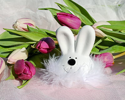 blanc, figureta de cap de conill, conill de Pasqua, Pasqua, figura, llebre, bonic, divertit, decoració de pasqua, Feliç Pasqua, primavera, flors, tulipes, targeta de felicitació, flor, planta amb flors, color rosa, representació, planta, cap gent, naturalesa, art i artesania, natura morta, primer pla, vista d’angle alt, bellesa a la natura, a l'interior, vulnerabilitat, celebració, representació humana, creativitat, frescor, fragilitat, cap de flor, suavitat, arranjament floral, bouquet, 4K, CC0, domini públic, lliure de regalies