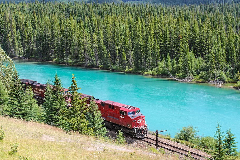 vermell, tren, el pas, ferrocarrils, motor, arc de riu, banff, alberta, Canadà, bosc, muntanya, transport, ferrocarril, vell, locomotora, rail, retro, pista, vintage, acer, indústria, tecnologia, industrial, poder, clàssic, ferro, màquina, viatjar, rodes, metall, enorme, maquinària, mecànica, equipament, riu, escènic, aqua, blau, a l'aire lliure, país, naturalesa, groc, verd, turó, natural, herba, prat, sol, assolellat, llum solar, temporada, brillant, rural, paisatge, terra, camp, cel, estiu, escenics, arbre, planta, bellesa a la natura, manera de transport, escenics - natura, aigua, tranquil·litat, dia, escena no urbana, escena tranquil·la, color verd, cap gent, color turquesa, llac, idíl·lic, pi, arbre de coníferes, bosc de pi, 4K
