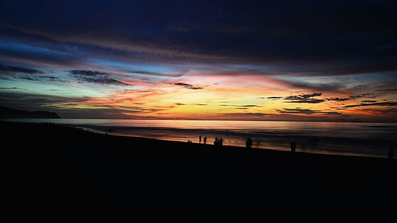 group, people, watching, sunset, beach, dark, cloud, sky, sea, ocean, silhouette, nature, outdoor, cloud - sky, scenics, dramatic sky, horizon over water, tranquil scene, beauty in nature, water, horizon, land, scenics - nature, orange color, tranquility, no people, travel destinations, romantic sky, 2K, CC0, public domain, royalty free