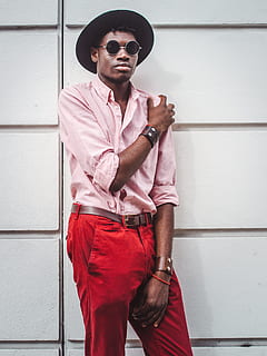 man, fedora hat, pink, pinstripe dress shirt, red, denim bottoms outfit, pinstripe, dress shirt, denim, bottoms, outfit, men, fashion, males, fashion Model, male Beauty, people, one Person, sunglasses, young Adult, hat, adult, fashionable, cool, outdoors, african Ethnicity, confidence, shirt, portrait, elegance, casual Clothing, lifestyles, standing, african Descent, looking, young Men, funky, one Man Only, style, macho, three quarter length, cool attitude, glasses, real people, front view, wall - building feature, leisure activity, clothing, built structure, architecture, security, day, 4K, CC0, public domain, royalty free