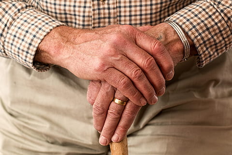 elderly, man, wearing, dress shirt, wedding band ring, hands, walking stick, old person, cane, retired, retirement, relaxed, content, senior, pensioner, elder, grandparent, aged, waiting, stick, human hand, senior adult, human body part, hand, adult, senior women, close-up, senior men, people, body part, men, ring, indoors, finger, nail, 5K