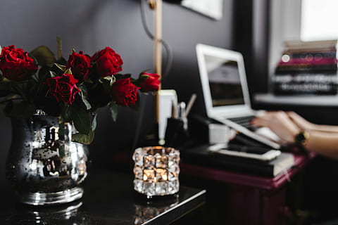 desk, home office, Pink, female, home, office, workspace, workplace, indoor, femine, stylish, wroking, table, indoors, flower, bouquet, decoration, computer, technology, desktop pc, computer monitor, flowering plant, plant, vase, freshness, wireless technology, business, no people, communication, furniture, nature, rose, beauty in nature, computer equipment, keyboard, flower arrangement, 5K, CC0, public domain, royalty free