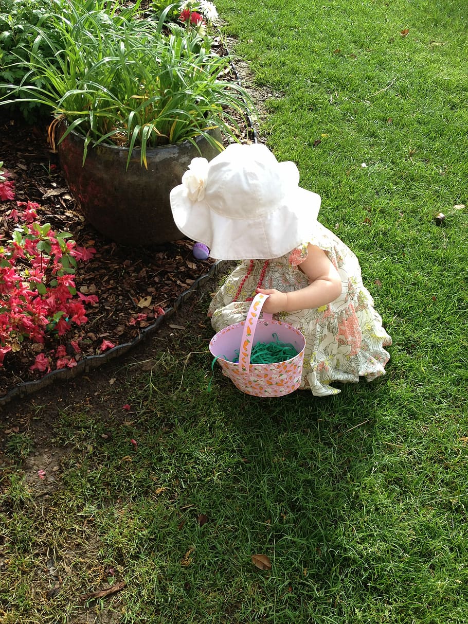 blanc, barret per al sol, vestit, ous de Pasqua, cistella, caça, noia, Pasqua, ous, festa, primavera, ou de Pasqua, colorit, color, tradició, nen, bonic, noi, poc, petit, conill, a l'aire lliure, herba, flor, estiu, gent, naturalesa, color verd, jardí formal, vista d’angle alt, una persona, menjar i beguda, planta, planta amb flors, terra, camp, dia, frescor, bellesa a la natura, creixement, vulnerabilitat, persones reals, fragilitat, dones, cap de flor, bouquet, 2K