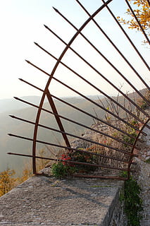 grid, metal, iron, stone wall, bars, plant, nature, no people, sky, architecture, water, day, built structure, outdoors, tree, beauty in nature, railing, growth, the way forward, staircase, footpath, tranquility, clear sky, 5K, CC0, public domain, royalty free