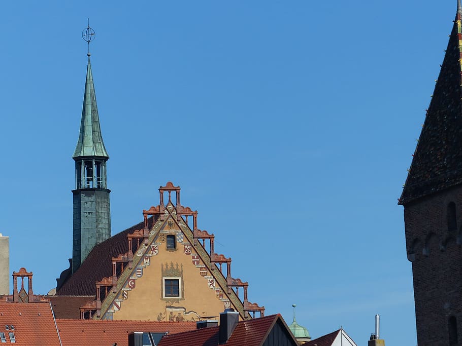 budova, architektura, fasáda, ulm, radnice, stavba, exteriér budovy, nikdo, místo uctívání, modrý, nebe, čisté nebe, náboženství, duchovno, Příroda, víra, kopie prostor, věž, den, slunečního světla, venku, 4K