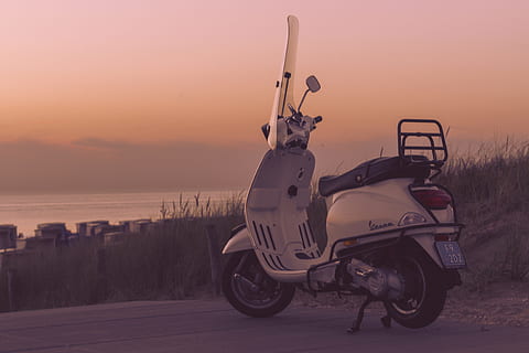 moped bike, captured, sunset, Moped, bike, various, transportation, motorcycle, outdoors, land Vehicle, mode of Transport, no people, sky, nature, mode of transportation, water, sea, travel, land, stationary, city, road, side view, dusk, scenics - nature, 4K, CC0, public domain, royalty free