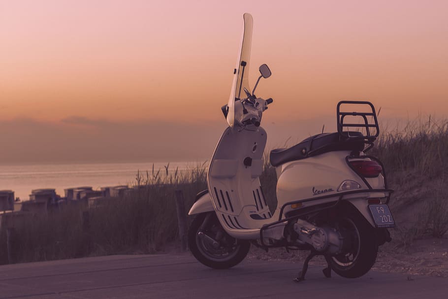 moped bike, captured, sunset, Moped, bike, various, transportation, motorcycle, outdoors, land Vehicle, mode of Transport, no people, sky, nature, mode of transportation, water, sea, travel, land, stationary, city, road, side view, dusk, scenics - nature, 4K