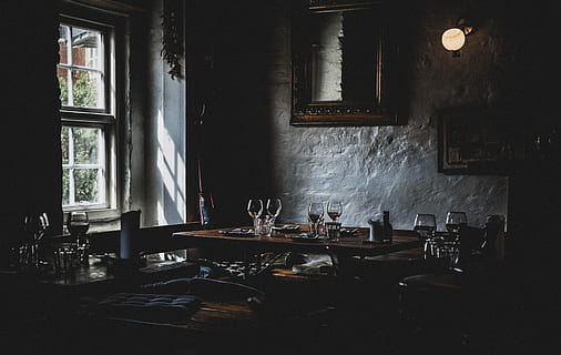 dark, restaurant, table, setup, drink, wine, glass, frame, window, mirror, light, wall, indoors, no people, seat, day, chair, home interior, absence, domestic room, food and drink, lighting equipment, furniture, architecture, household equipment, shadow, building, candle, home, crockery, setting, 4K, CC0, public domain, royalty free