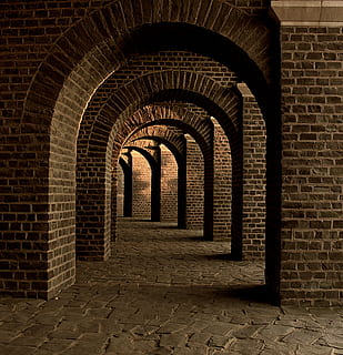 arches, architecture, bricks, building, corridor, hallway, arch, built structure, brick, brick wall, history, the past, no people, day, arcade, wall, direction, the way forward, indoors, old, empty, wall - building feature, architectural column, arched, colonnade, abbey, 2K, CC0, public domain, royalty free