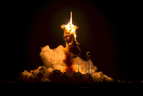 explosion during nighttime, antares orb 3, launch failure, rocket, launch, orbital sciences corp, catastrophic anomaly, crash, failure, explosion, fire, pollution, fire - Natural Phenomenon, energy, burning, flame, night, nature, heat - temperature, exploding, smoke - physical structure, no people, outdoors, black color, architecture, motion, communication, black background, warning sign, military, fuel and power generation, sky, aggression, explosive, 5K, CC0, public domain, royalty free