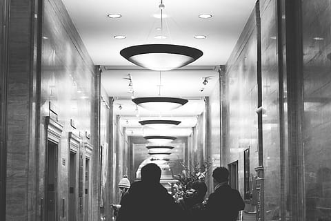 fotografía en escala de grises, pasillo, hotel, ascensores, luces, gente, Nueva York, arquitectura, en blanco y negro, adentro, vista trasera, corredor, iluminado, adulto, equipo de iluminación, techo, edificio, arcada, gente real, estructura construida, hombres, estilos de vida, para caminar, dirección, personas incidentales, mujer, ventana, lámpara eléctrica, 4K, CC0, dominio público, libre de derechos