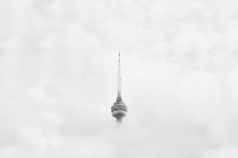 architecture, black-and-white, building, clouds, cloudy, skyscraper, tower, sky, communication, cloud - sky, travel, built structure, technology, tall - high, no people, fog, tourism, travel destinations, global communications, day, nature, city, spire, office building exterior, 5K, CC0, public domain, royalty free