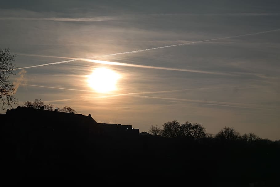 apus de soare, Contrail, soare, nori, cer, de aur, scânteie, Abendstimmung, siluetă, nici o persoana, natură, copac, nor - cer, frumusețe în natură, plantă, scenice - natura, liniște, o scenă liniștită, traseu de vapori, vedere unghiulară joasă, lumina soarelui, în aer liber, rază de soare, scenă non-urbană, culoare portocalie, 5K