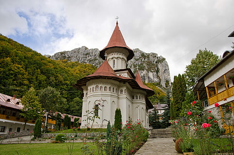 Ramet, monastero, Romania, esterno dell'edificio, architettura, nuvola - cielo, all'aperto, storia, struttura costruita, costruzione, pianta, luogo di culto, albero, cielo, natura, religione, spiritualità, credenza, nessuno, giorno, Torre, destinazioni di viaggio, guglia, 4K, CC0, dominio pubblico, privo di copyright