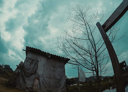 foto, abandonado, casa, arquitectura, edificio, nubes, luz, misterioso, paisaje, naturaleza, al aire libre, parque, de miedo, cielo, árbol, agua, madera, nube - cielo, árbol desnudo, estructura construida, vista de ángulo bajo, planta, nadie, exterior del edificio, día, rama, antiguo, oscuridad, material de madera, 4K, CC0, dominio público, libre de derechos