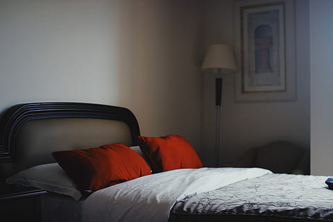dos, vermell, coixins, gris, blanc, floral, cobrellit, llit, endins, pintat, dormitori, fulls, coixí, habitació, mobles, habitació domèstica, a l'interior, còmode, absència, interior de casa, buit, cap gent, relaxació, arquitectura, roba de llit, finestra, full, funció de construcció de parets, edifici, tèxtil, casa, acollidor, nòrdic, llum elèctrica, luxe, 5K, CC0, domini públic, lliure de regalies