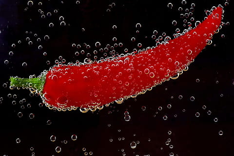 dunkel, Makro, Bläschen, Pfeffer, Chili, Wasser, Essen und Trinken, rot, fallen, Erfrischung, Getränk, Frische, Studioaufnahme, schwarzer Hintergrund, Nahansicht, Bewegung, keine Leute, Natur, Blase, plantschen, nass, Lebensmittel, drinnen, Limonade, Reinheit, mit Kohlensäure, 5K, CC0, gemeinfrei, lizenzfrei