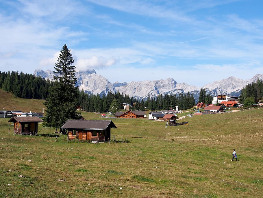 alm, muntanyes, prat, hinterstoder, Austràlia, refugi de muntanya, senderisme, refugi, muntanya, estructura construïda, arquitectura, exterior de l'edifici, edifici, planta, cel, bellesa a la natura, medi ambient, camp, paisatge, arbre, Serra, naturalesa, herba, dia, casa, terra, escenics - natura, barri residencial, 4K