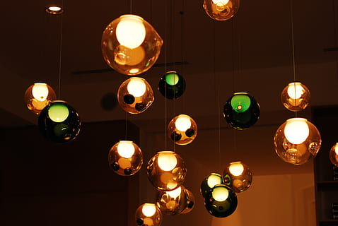 lights, colors, orb, light, lamps, lamp, illuminated, lighting equipment, hanging, low angle view, glowing, no people, decoration, electricity, indoors, ceiling, night, light - natural phenomenon, large group of objects, pendant light, celebration, electric light, in a row, built structure, directly below, electric lamp, 4K, CC0, public domain, royalty free