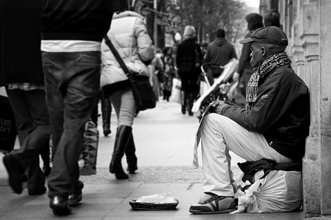 man, sitting, white, seat, building, looking, people, passing, Poor, Beggar, Ethics, city, city life, adult, adults only, crowd, group of people, street, men, social issues, architecture, real people, lifestyles, footpath, walking, sidewalk, day, government, hopelessness, depression - sadness, 4K, CC0, public domain, royalty free
