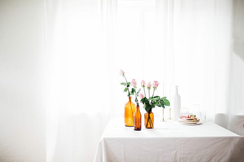 tre, rav, glas blomstervase, lyserød, blomster, hvid, bord, vindue gardin, blomst, blomstrende plante, plante, vase, indendørs, hjemlige værelse, ingen mennesker, natur, gardin, hjem interiør, møbel, hjemlige liv, hvid farve, beholder, flaske, blomster arrangement, friskhed, vindue, sæde, buket, blomsterhoved, glas, indstilling, 5K, CC0, offentligt domæne, royaltyfrie