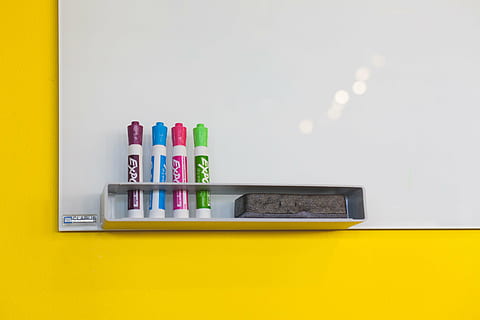 board, clean, markers, notes, sponge, whiteboard, yellow, indoors, no people, pencil, multi colored, studio shot, creativity, art and craft, office, eraser, copy space, education, rubber, close-up, table, medium group of objects, writing instrument, in a row, still life, furniture, 5K, CC0, public domain, royalty free
