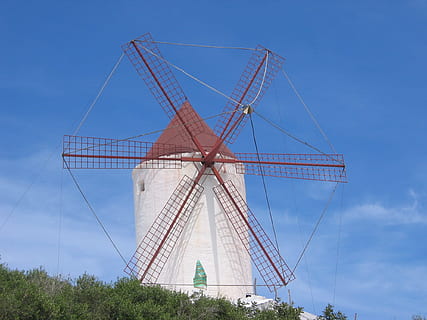 väderkvarn, kvarn, väderkvarnar, vind, medelhavs, bränsle och kraftproduktion, himmel, blå, arkitektur, miljövård, byggd struktur, miljö, vindkraft, förnybar energi, vindturbin, alternativ energi, natur, turbin, dag, lågvinkelvy, inget folk, traditionell väderkvarn, växt, utomhus, landsbygden scen, 1080P, CC0, offentligt domän, royaltyfria