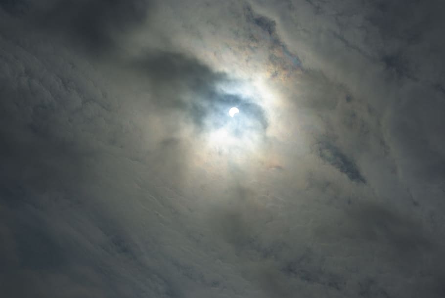 eclissi solare, Luna, sole, lunare, cielo, solare, parziale, nuvoloso, eclisse, buio, natura, notte, nuvola - cielo, sfondi, Cloudscape, blu, Inquadratura dal basso, nessuno, spazio, tempesta, bellezza nella natura, cielo drammatico, all'aperto, astronomia, Luna piena, umore atmosferico, ambiente, infausto, direttamente sotto, chiaro di luna, sopra, 4K