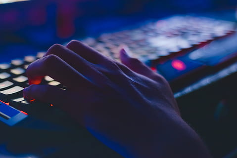 photo, person typing, computer keyboard, action, blur, close-up, computer, dark, fingers, focus, gamer, gaming, glow, hand, illuminated, keyboard, leisure, light, neon, recreation, skin, technology, typing, royalty  images, human hand, human body part, one person, body part, human finger, arts culture and entertainment, finger, music, indoors, control, focus on foreground, sound recording equipment, audio equipment, men, adult, mixing, nail, 5K, CC0, public domain, royalty free