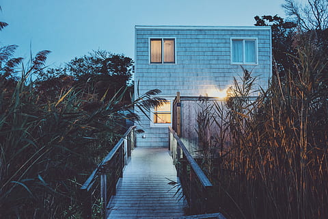 architecture, building, grass, home, house, windows, wood, built structure, plant, building exterior, no people, nature, tree, direction, day, outdoors, the way forward, sky, residential district, railing, staircase, wood - material, bare tree, footpath, 5K