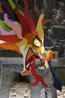 Offering, Feathered Serpent, Prehispanic, no people, outdoors, close-up, day, architecture, fire, burning, wall - building feature, fire - natural phenomenon, flame, art and craft, built structure, nature, creativity, heat - temperature, wall, representation, sunlight, animal representation, craft, 5K, CC0, public domain, royalty free