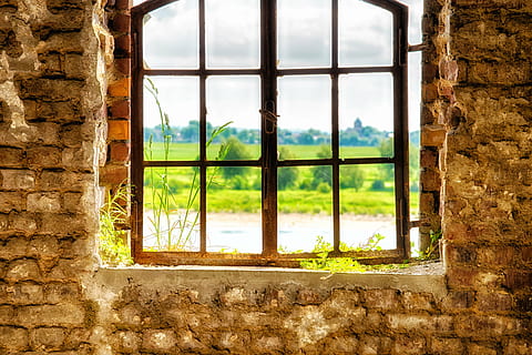 Glazen raam, zwart, stalen frame, verloren plaatsen, venster, muur, uitzicht, pforphoto, vergeten, ruïneren, hemel, stenen, steen, vooruitzicht, natuur, architectuur, dag, geen mensen, ingebouwde structuur, oud, fabriek, gebouw, binnenshuis, geschiedenis, verlaten, glas - materiaal, muur - bouwfunctie, stenen muur, boom, transparant, raamkozijn, 5K, CC0, publiek domein, royaltyvrij