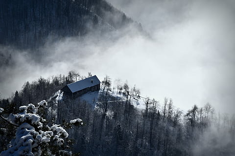 antenowy, zdjęcie, brązowy, biały, dom, pokryty, śnieg, zobacz fotografię, zamek, mgła, pochmurny, Chmura, las, drzewo, zimowy, zimozielony, wzgórze, budynek, drewno, buda, niebo, architektura, Natura, chmura - niebo, zbudowana struktura, roślina, żadnych ludzi, na zewnątrz budynku, zimna temperatura, wylądować, dzień, scenics - natura, niski kąt widzenia, na dworze, piękno natury, zanieczyszczenie, 5K, CC0, domena publiczna, darmowe zdjęcia