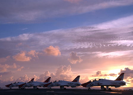 sky, clouds, planes, jets, fighters, ship, aircraft carrier, military, navy, sea, ocean, water, sunrise, sundown, outside, beautiful, air vehicle, airplane, cloud - sky, sunset, mode of transportation, transportation, nature, beauty in nature, no people, scenics - nature, plane, airport, stationary, tranquil scene, outdoors, fighter plane, aerospace industry, tranquility, 1080P, CC0, public domain, royalty free