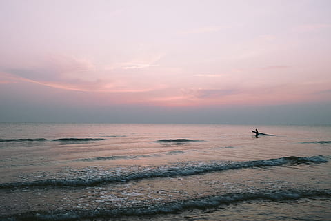 sea, dawn, nature, sky, beach, dusk, environment, horizon, idyllic, ocean, outdoors, peaceful, person, scenery, scenic, seascape, seashore, tranquil, water, waves, sunset, beauty in nature, land, surfing, horizon over water, cloud - sky, aquatic sport, wave, motion, scenics - nature, sport, people, tranquility, 4K, CC0, public domain, royalty free