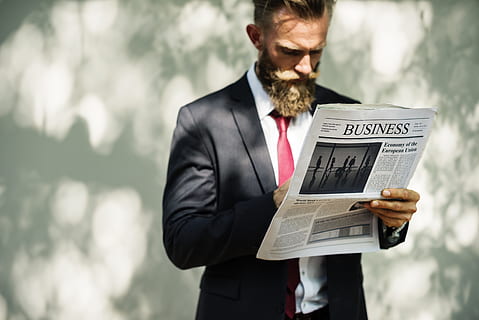 man, holding, business newspaper print, reading, paper, data, business, financial, information, sunlight, corporate, suit, beard, finance, standing, wall, newspaper, males, businessman, business person, men, adult, corporate business, communication, one person, professional occupation, occupation, computer, connection, facial hair, wireless technology, financial advisor, 5K, CC0, public domain, royalty free