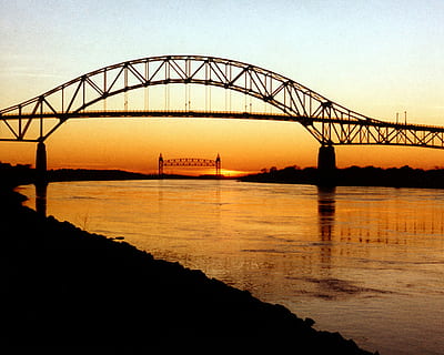 bourne bridge landscape, cape cod, massachusetts, Bourne Bridge, landscape, Cape Cod, Massachusetts, bridge, dusk, photos, landscapes, masschusetts, public domain, United States, sunset, bridge - Man Made Structure, water, sky, sea, nature, river, famous Place, connection, transportation, train - vehicle, built structure, architecture, silhouette, no people, orange color, clear sky, outdoors, scenics - nature, beauty in nature, 720P, CC0, public domain, royalty free