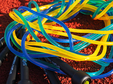 Sudden, Rush, Single, Rope, sudden rush, single rope, quickly rush, kunsstoffseile, jumping rope, sport, sports equipment, skipping rope, skipping, jump rope, fitness, fit, healthy, gymnastics, sporty, condition, training, cable, computer cable, connection, technology, internet, network connection plug, multi colored, high angle view, no people, complexity, close-up, blue, metal, man made, tangled, man made object, spiral, electricity, yellow, day, computer network, choice, 4K, CC0, public domain, royalty free