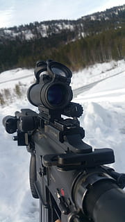 automatic rifle, gun, winter, army, hk 416, battle, military, weapon, sight, firearm, assault, snow, cold temperature, no people, day, outdoors, sky, mountain, nature, close-up, scenics - nature, binoculars, technology, security, beauty in nature, non-urban scene, focus on foreground, photography themes, surveillance, digital camera, 5K, CC0, public domain, royalty free