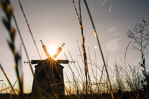silhouette, windmill, daytime, mill, old windmill, monument, throughout the windmill, bakony mountain windmill, gabonaőrlő, sunset, sky, nature, plant, sunlight, sun, lens flare, no people, beauty in nature, tranquility, grass, back lit, outdoors, land, idyllic, field, tranquil scene, cloud - sky, environment, 4K, CC0, public domain, royalty free